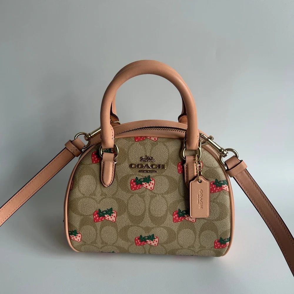 Coach Sydney Satchel Khaki Strawberry Signature Canvas Leather Bag CB596